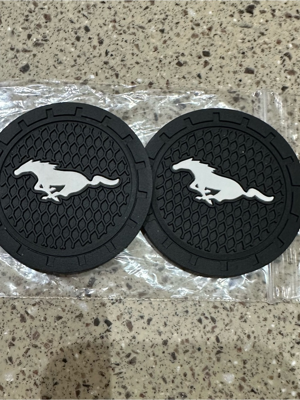 Car Cup Holder Coaster Pair with White Mustang Emblems 2.75”, 2 pcs